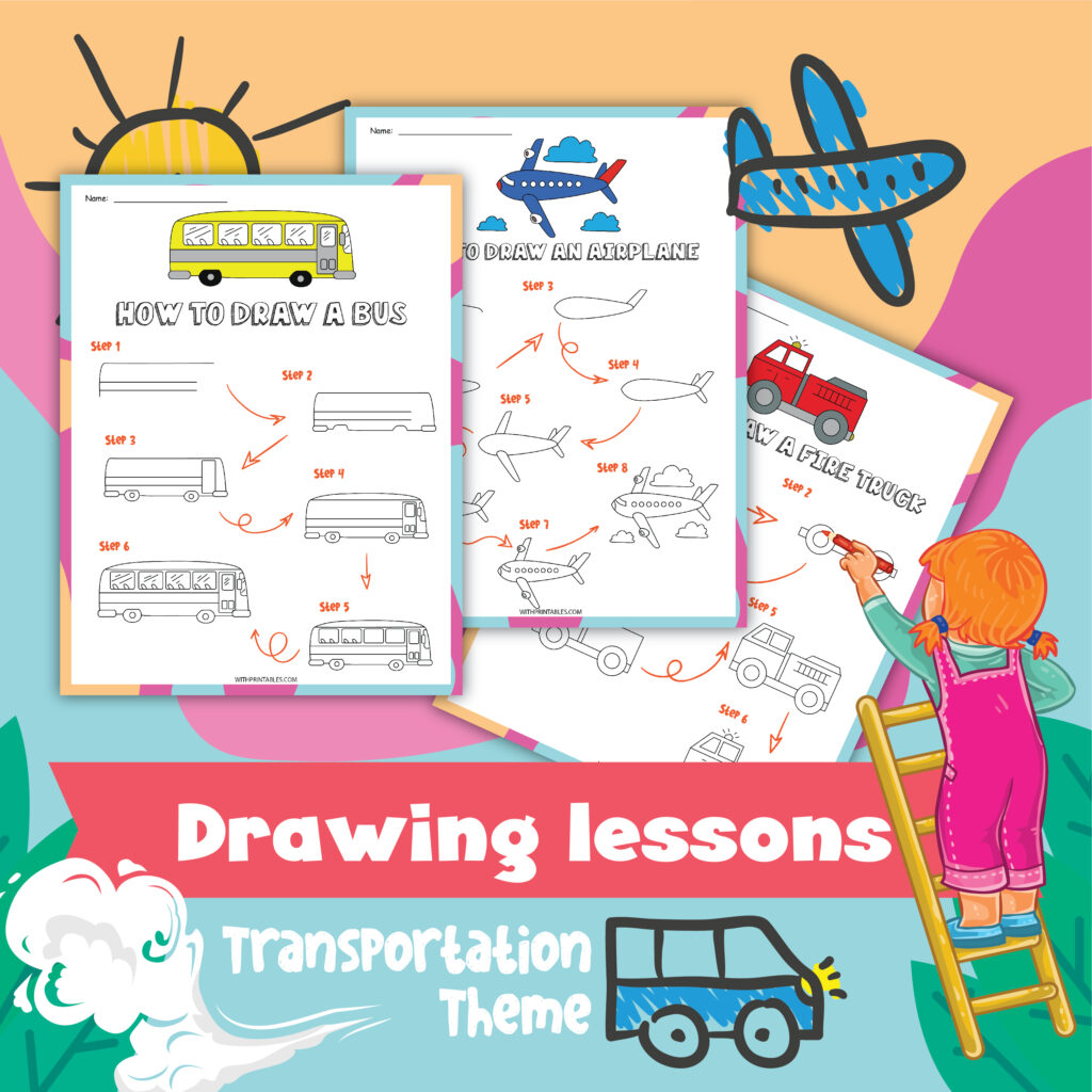 Three sample pages from the How to Draw Transportation Vehicles are included on this image, including a bus, an airplane, and a fire truck. A small child is shown adding to one of the drawing pages with a pencil. The title on the image says Drawing Lessons with a Transportation Theme.